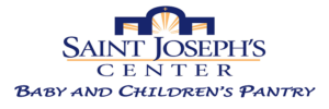 blue and yellow logo featuring an illustration of the outline of a building reading "Saint Joseph's Center Baby and Children's Pantry"
