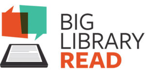 Logo for "Big Library Read" featuring overlapping message bubbles in green and orange and a tablet/eReader with generic text
